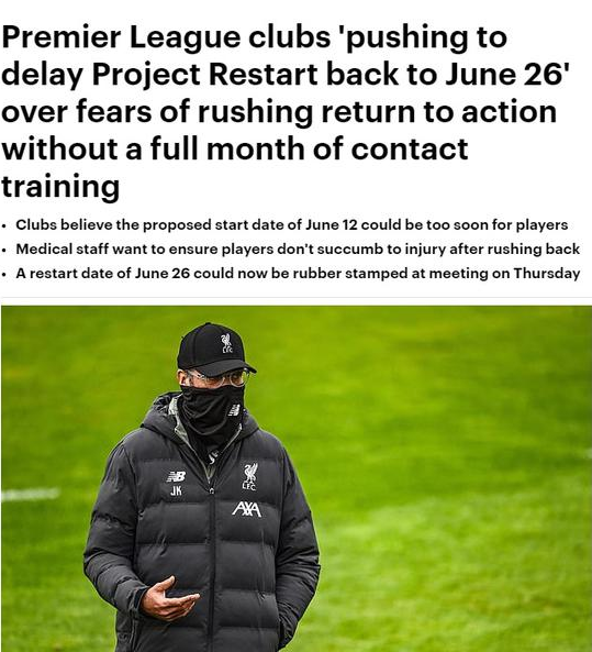 英超训练四周避免受伤 重启时间恐再推迟到6月底 英超训练四周避免受伤 重启时间恐再推迟到6月底