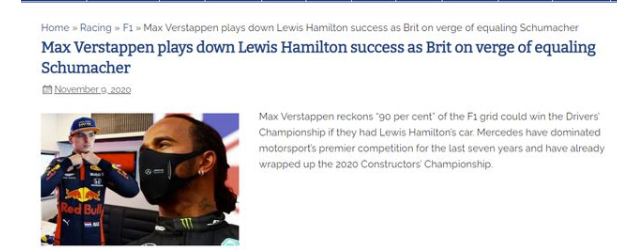 维斯塔潘:小汉无敌靠赛车 90%车手开梅奔都能夺冠