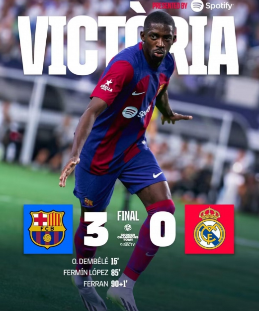 热身赛-巴萨3-0战胜皇马,登贝莱、费兰破门,维尼修斯失点 热身赛-巴萨3-0战胜皇马,登贝莱、费兰破门,维尼修斯失点