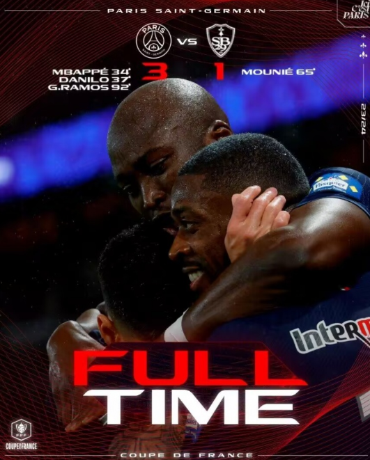 法国杯-巴黎3-1战胜布雷斯特,姆巴佩爆射破门,拉莫斯建功 法国杯-巴黎3-1战胜布雷斯特,姆巴佩爆射破门,拉莫斯建功