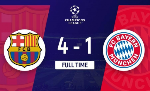 欧冠-巴萨4-1终结对拜仁六连败 拉菲尼亚戴帽莱万破门费尔明两助