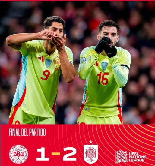 欧国联-西班牙2-1客胜丹麦锁定头名 阿约泽传射奥亚萨瓦尔建功