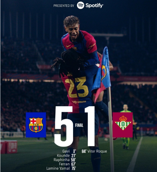 国王杯-巴萨5-1贝蒂斯晋级8强 巴萨两球被吹 亚马尔传射 奥尔莫两助