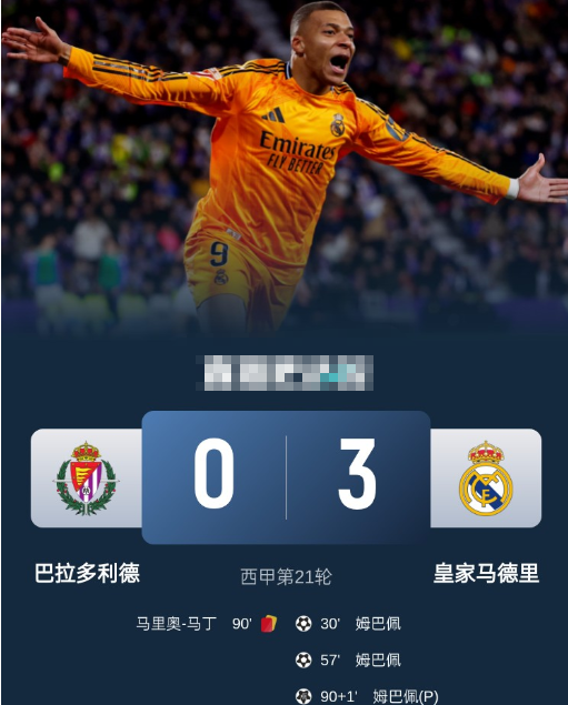 西甲-皇马3-0客胜巴拉多利德，姆巴佩戴帽+连续5场破门