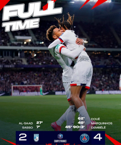 法国杯-巴黎4-2敦刻尔克进决赛 登贝莱2射1传 杜埃破门