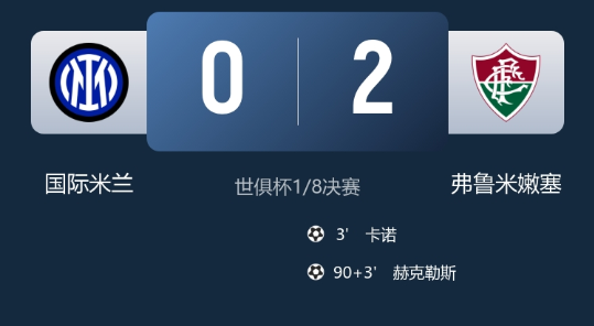 世俱杯-国米0-2弗鲁米嫩塞无缘世俱杯8强，卡诺闪击，国米两度中框